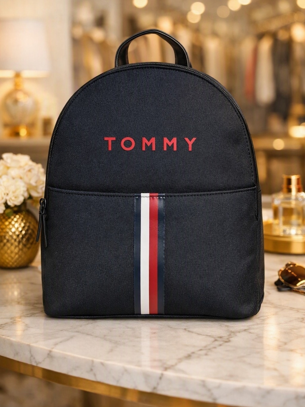 Tommy Black Logo Backpack with Signature Stripe
